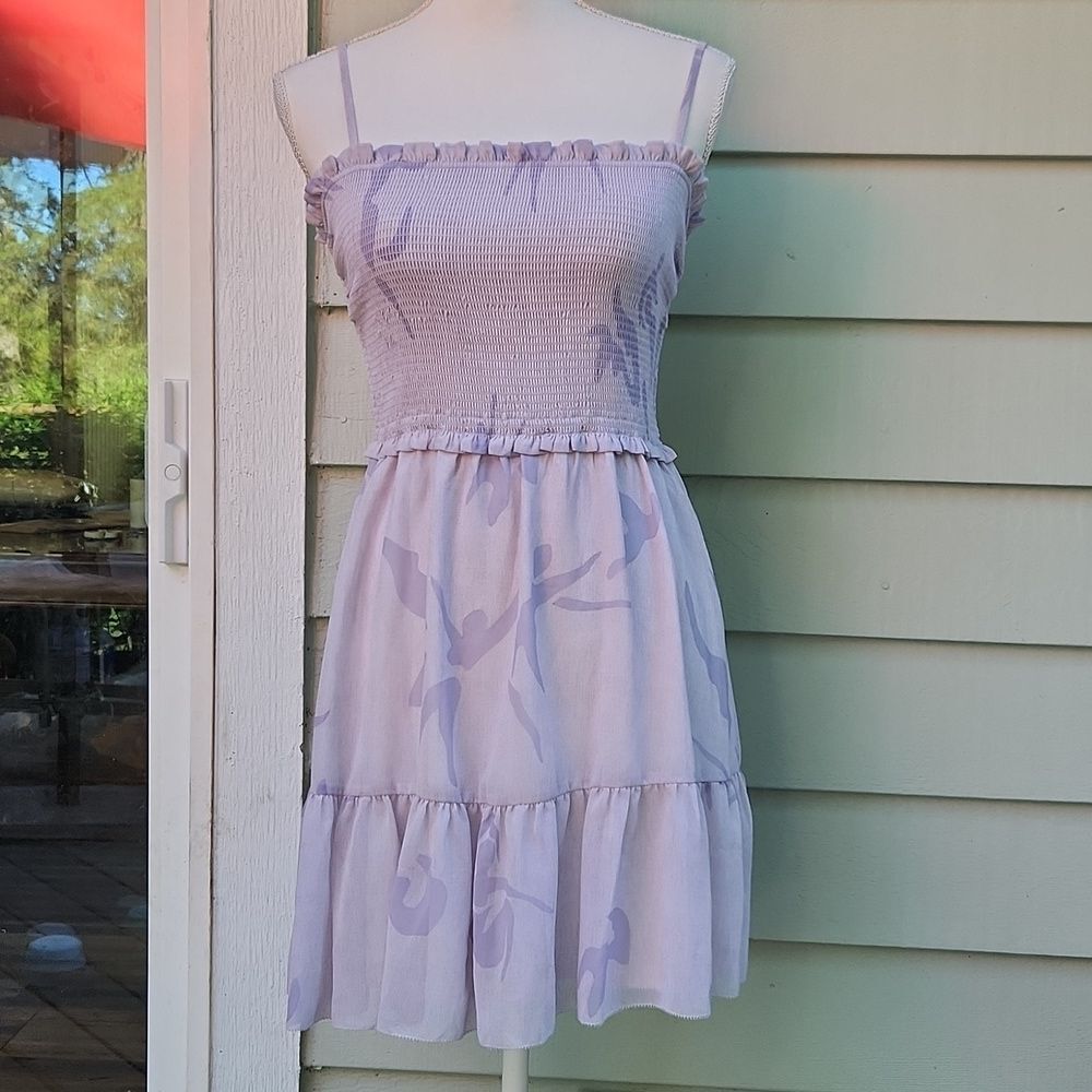 Wilfred Catamaran Tiered Smocked Printed Dress Lavender Lilac Purple Aritzia - Picture 2 of 11